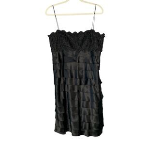 Cachet VTG satin‎ black ruffle tiered shift dress w lace trimmed bust. Size 14P
